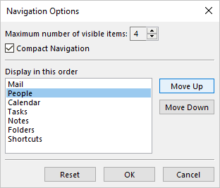 Move buttons in Navigation Options dialog box Outlook 365