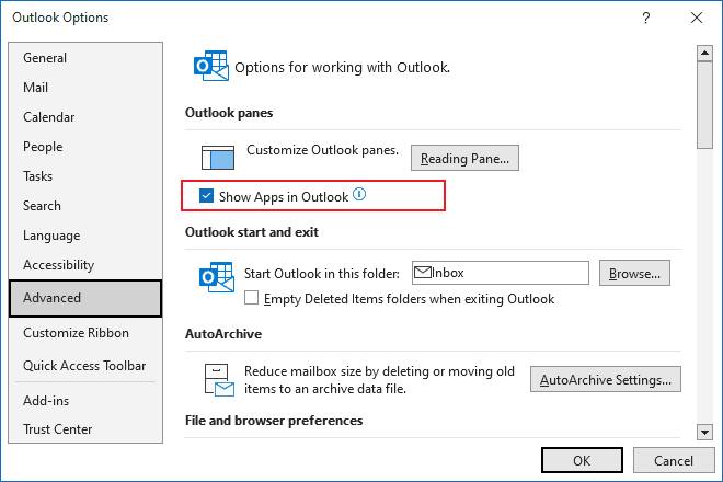 Show Apps in Outlook Options 365