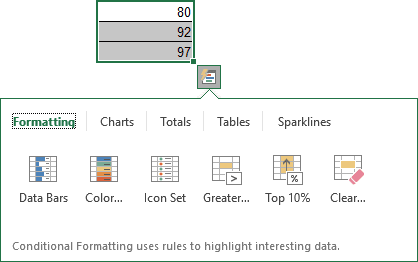 Quick Analysis Excel 2016