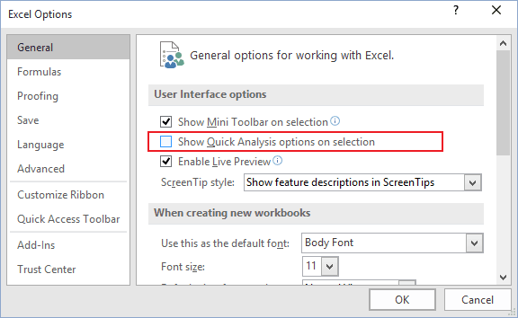 General tab in Excel 2016