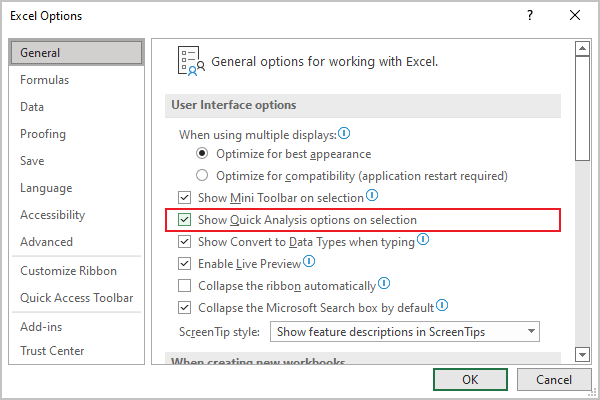 General tab in Excel for Microsoft 365 General tab in Excel 365