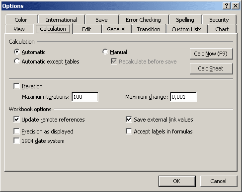 options Excel 2003
