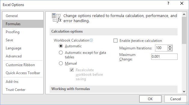 Formulas Options in Excel 2016 Formulas Options in Excel 2016