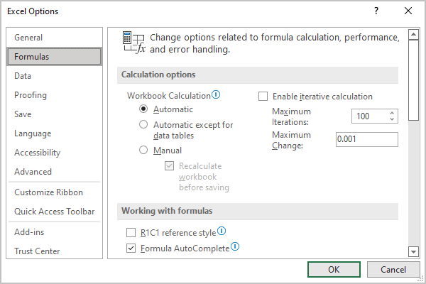 Formulas Options in Excel for Microsoft 365 Formulas Options in Excel 365