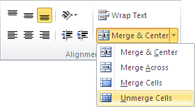 Unmerge cells in Excel 2010