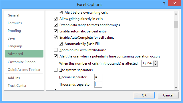 Separators Excel 2013 options