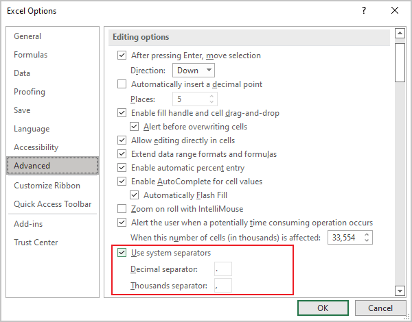 Advanced Excel 365 options