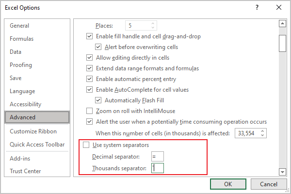 Separators Excel 365 options