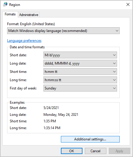 Additional settings Windows 10