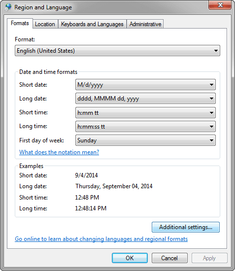 Additional settings Windows 7