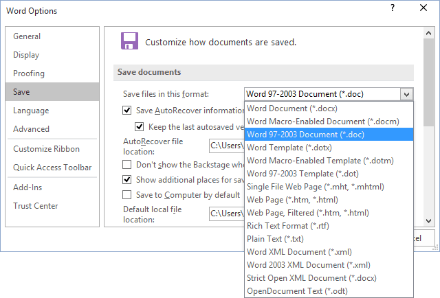 Save Word 2016 options