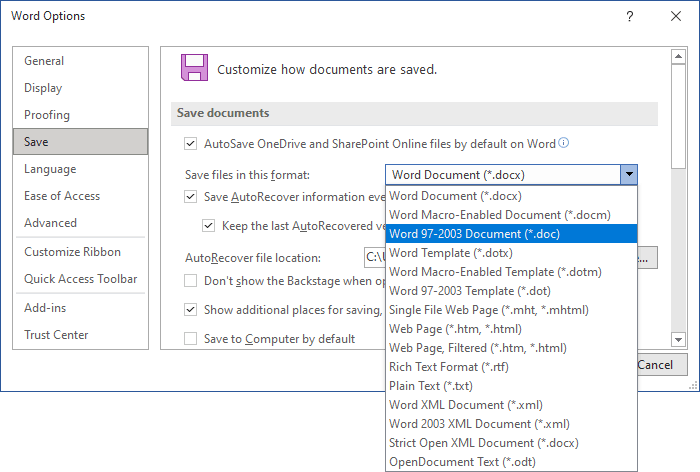 Save Word for Microsoft 365 options Save Word 365 options