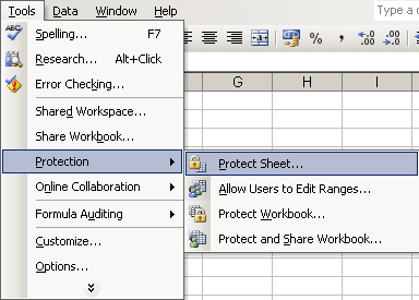protect sheet Excel 2003