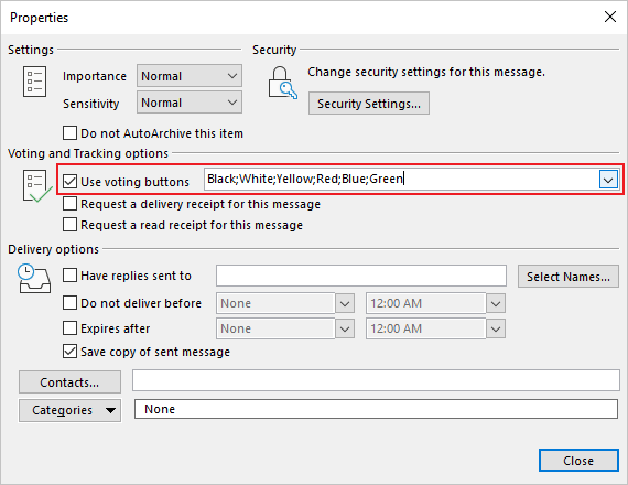 Use voting buttons in Properties dialog box Outlook 365