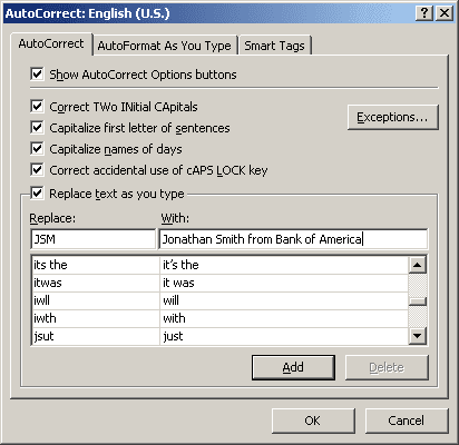 AutoCorrect entry Excel 2007