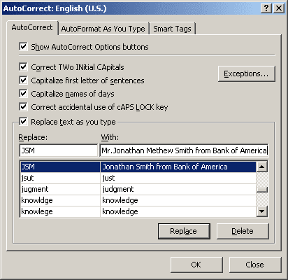 Replace AutoCorrect in Excel 2007