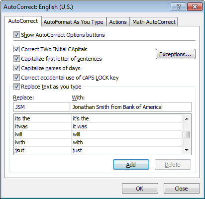 AutoCorrect entry Excel 2010