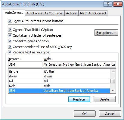Replace AutoCorrect in Excel 2010