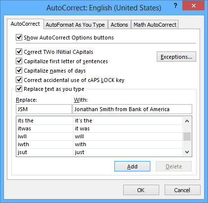AutoCorrect entry Excel 2013