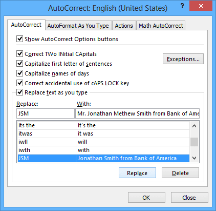 Replace AutoCorrect in Excel 2013