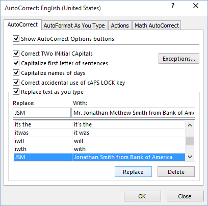 Replace AutoCorrect in Excel 2016