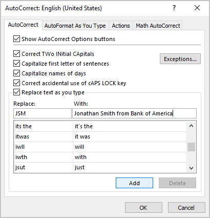 AutoCorrect entry Excel 365