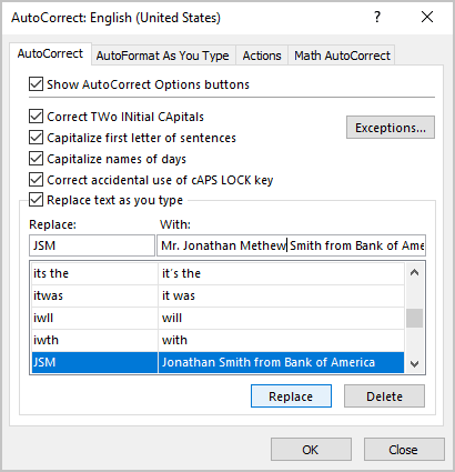 Replace AutoCorrect in Excel 365