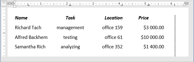 example text aligment using tabs Word 365