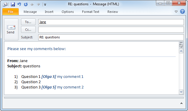 Example of comments in Outlook 2010