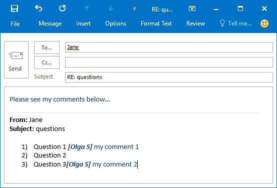 Example of comments in Outlook 2016
