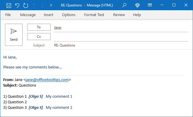 Example of comments in Outlook for Microsoft 365 Example of comments in Outlook 365