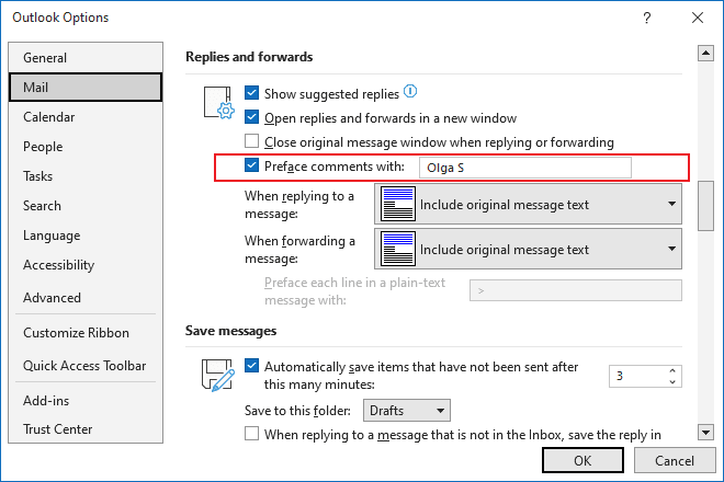 Replies and forwards in Outlook Options 365
