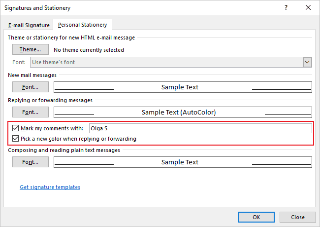 Replying or forwarding options in Signatures and Stationery Outlook 365