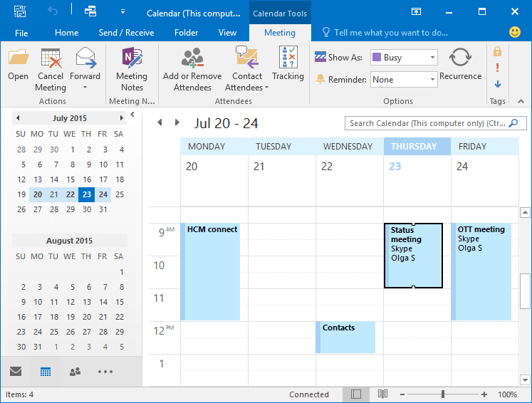 Open calendar in Outlook 2016