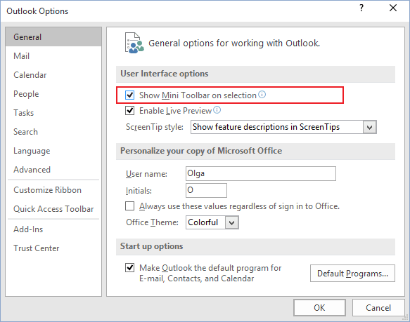 General Outlook 2016 options General Outlook 2016 options