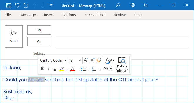 Mini Toolbar in Outlook 365