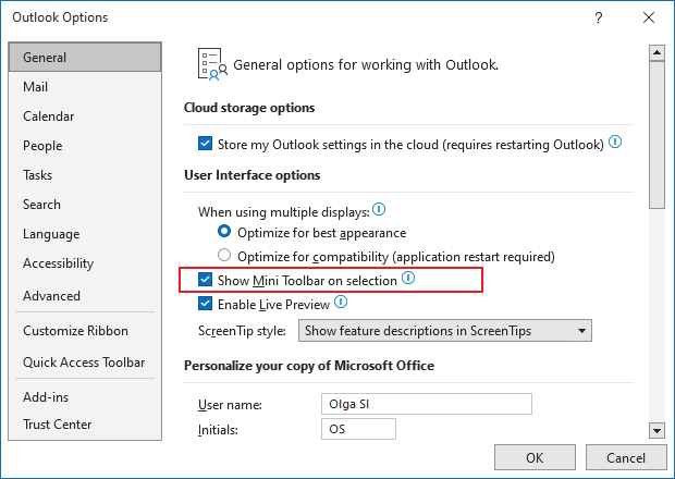 General options in Outlook 365