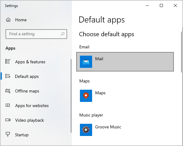 Default apps Email - Mail - Windows 10