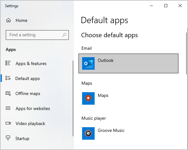 Default apps Email - Outlook - Windows 10