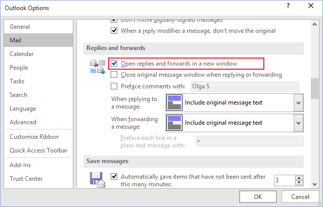 Mail options Outlook 2016