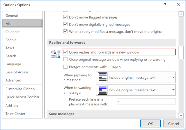 Mail options Outlook 365