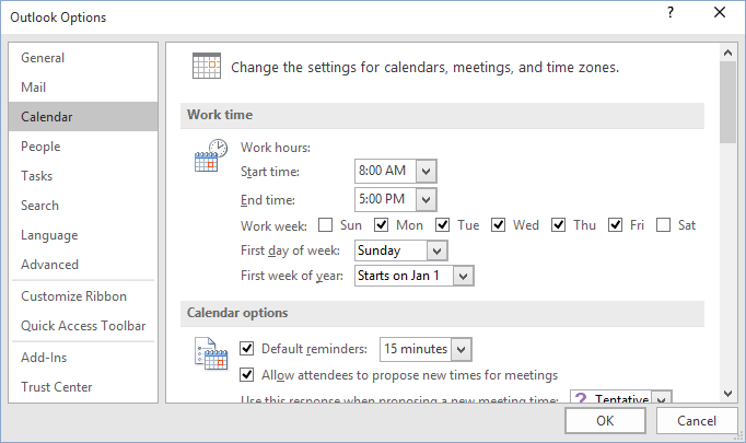 Calendar options Outlook 2016