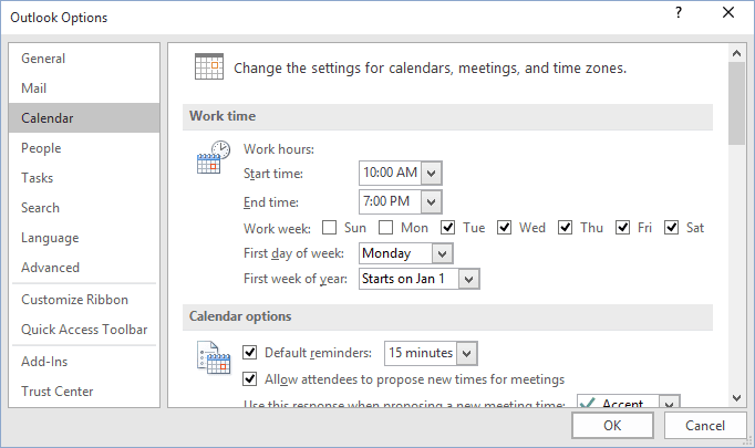 Calendar options Outlook 2016