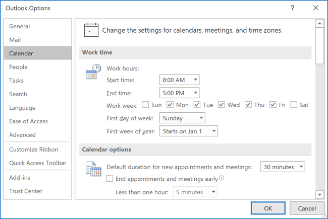 Calendar options Outlook 365