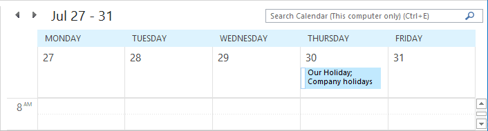 Calendar with holidays Outlook 2016