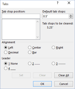 Tabs in Word 2016