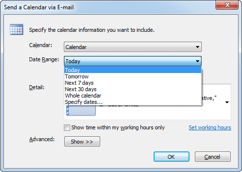 Specify dates in send a calendar in Outlook 2010