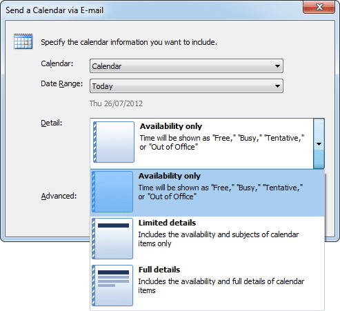 Detail in send a calendar in Outlook 2010