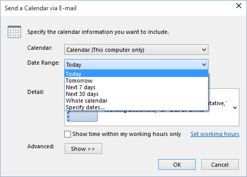 Date range in send a calendar in Outlook 2016