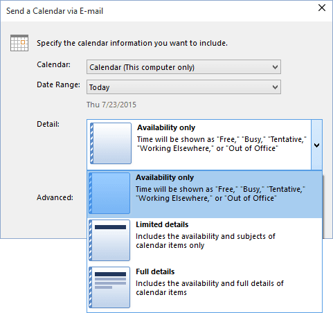 Detail in send a calendar in Outlook 2016